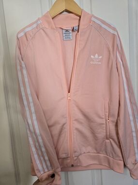 Adidas Girls Large Pink Track Jacket with White Stripes